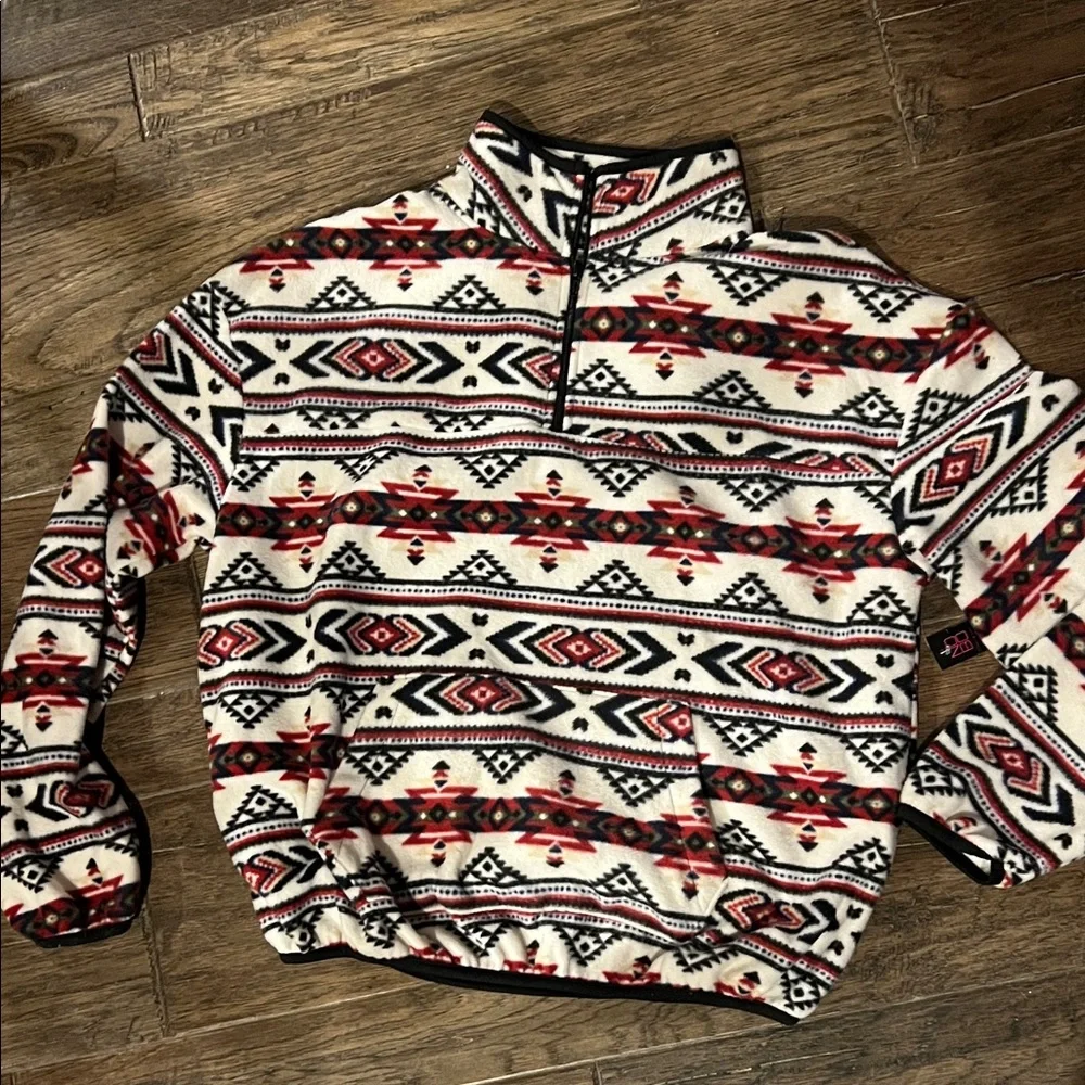 No Boundaries Women's Zip-Up Aztec Fleece Pullover - Red, Black & White - Picture 1 of 7